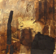 Anne-Françoise Cart, in between, 2015, Kaffeepads, Asphalt, Papier, Ölkreiden, Gold auf Blüten